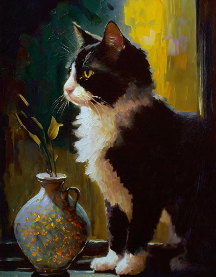 Malen mit IQPAINTER: Ein Gemälde einer Katze auf dem Fensterbrett im sanften Dämmerlicht. Stille Schönheit zum Ausdruck gebracht.